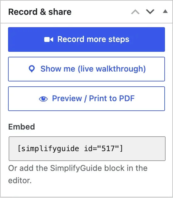 The Record and share box: Record more steps, Show me, Preview / Print to PDF and the embed shortcode