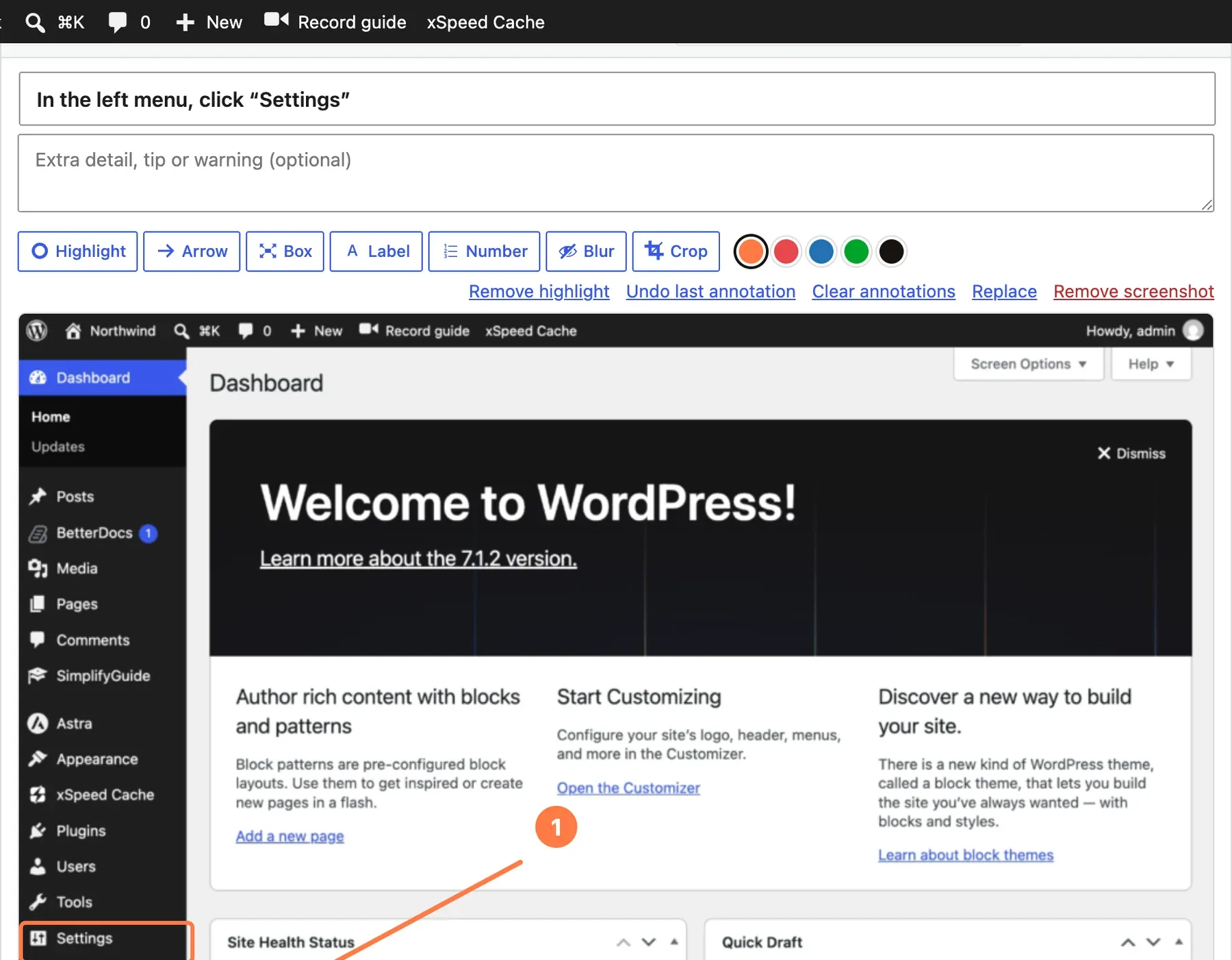 A step in the guide editor with the annotation toolbar above a screenshot where an arrow and the number 1 point at the Settings menu.