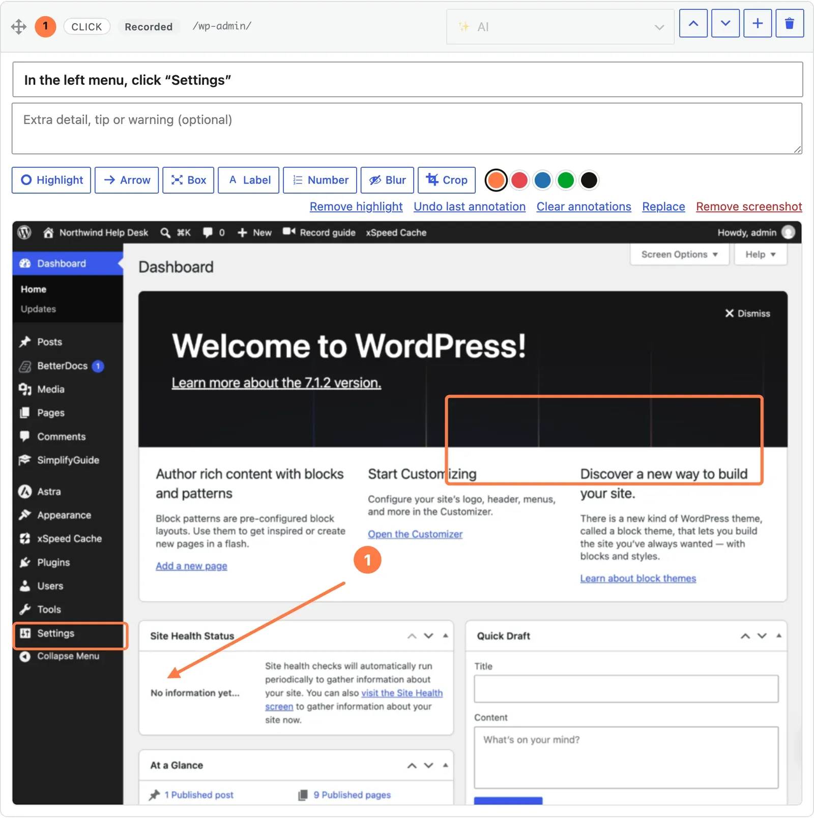 A step card with the annotation toolbar above the screenshot, and an arrow, a number and a box drawn on it