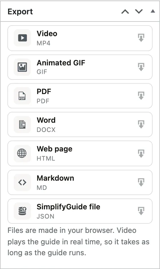 The Export box in the editor sidebar, listing seven formats