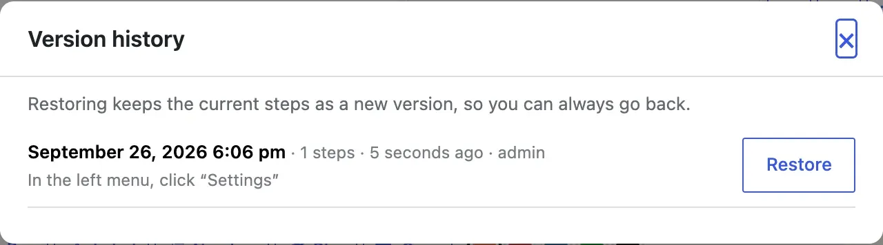 The Version history dialog listing saved versions, each with its date, step count, author and first step titles, and a Restore button