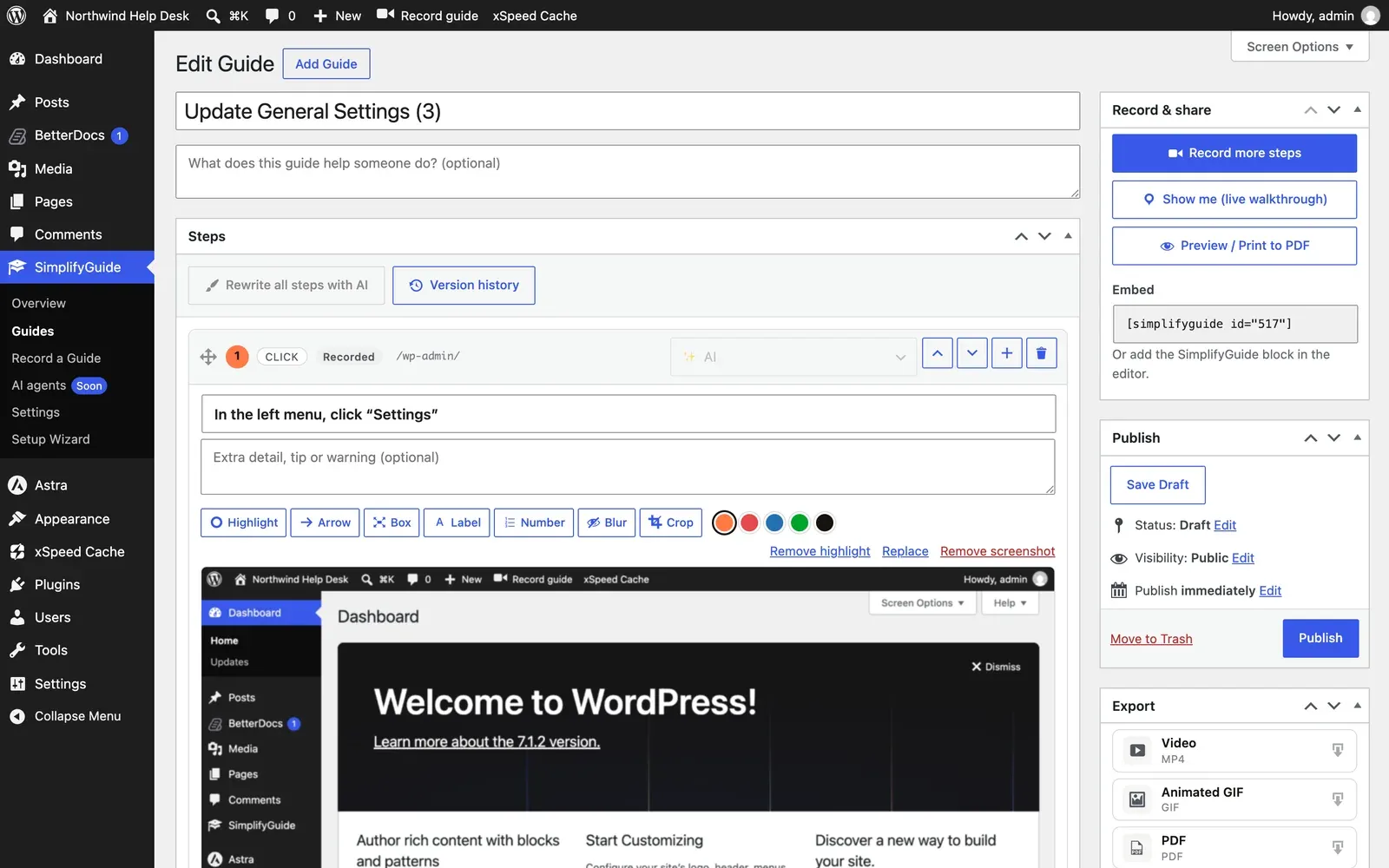 The guide editor: title and description at the top, step cards in the main column, and the Record and share, Who sees this guide, Publish and Export boxes in the sidebar