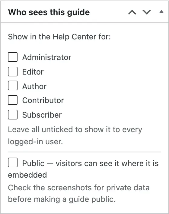 The Who sees this guide box: one checkbox per role, and the Public checkbox below