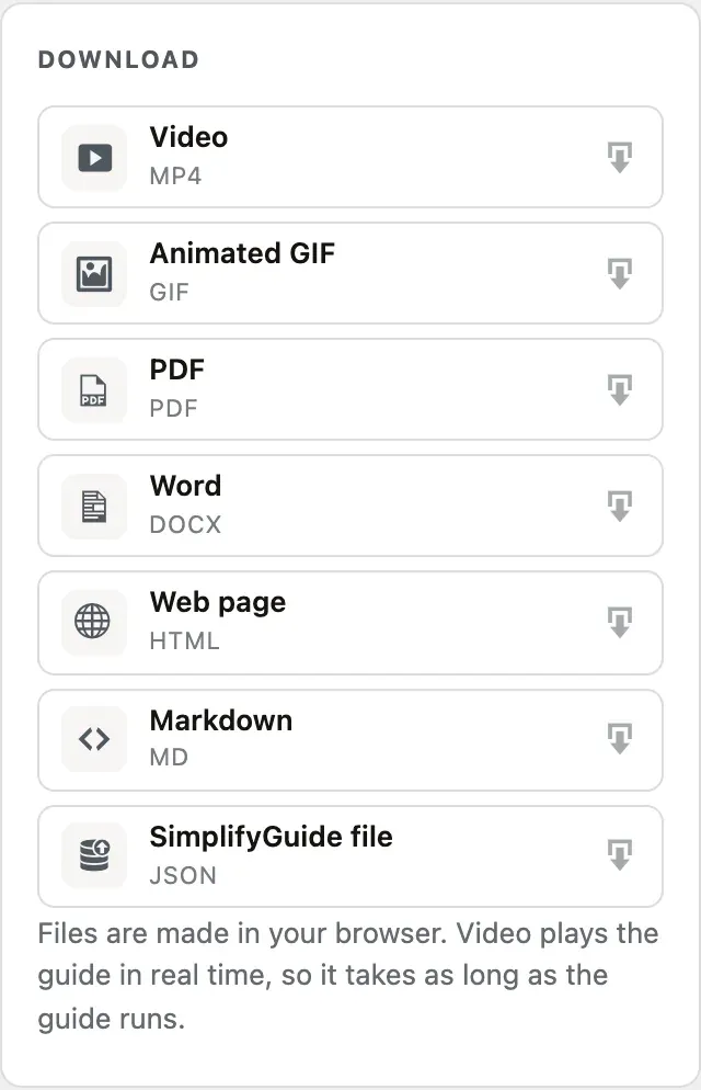 The Download card listing each export format
