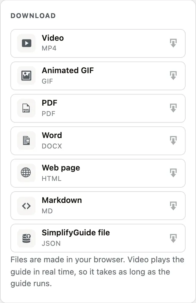 The download list: Video, Animated GIF, PDF, Word, Web page, Markdown and SimplifyGuide file.