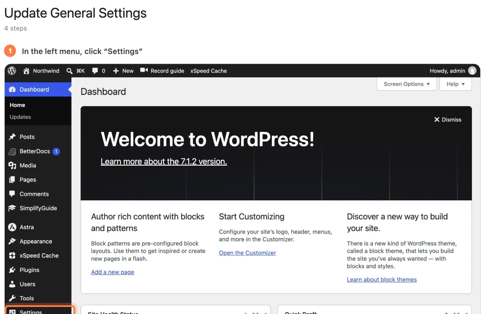A published guide titled Update General Settings, showing step 1 with its screenshot.