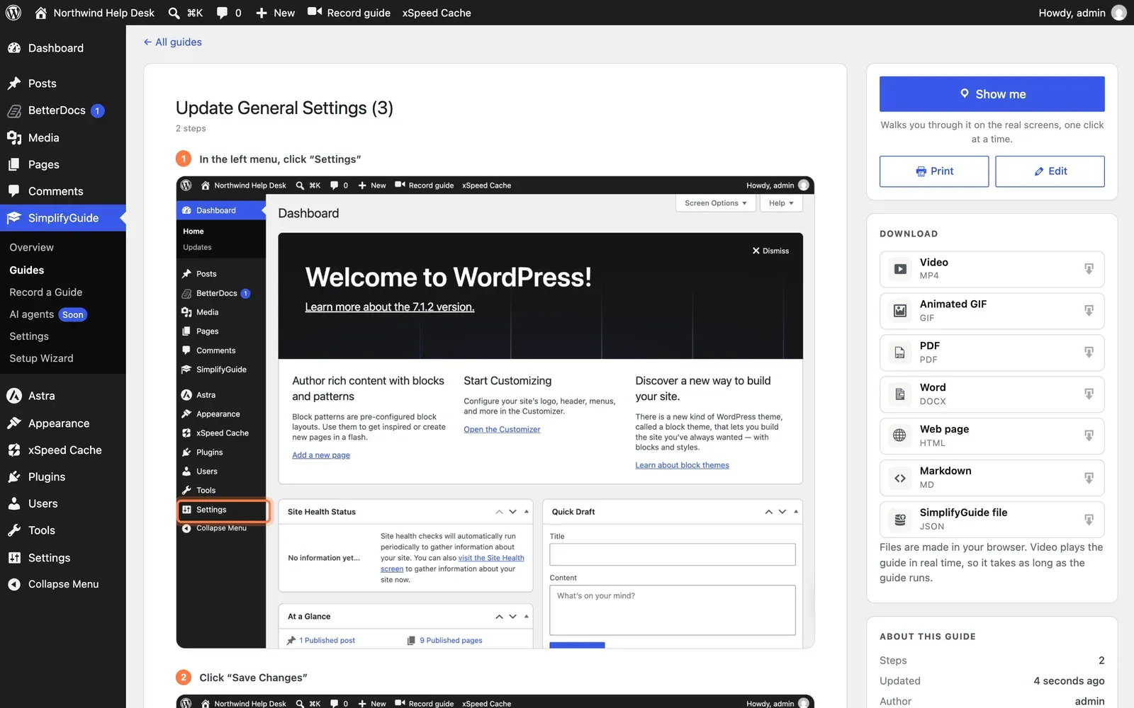 A published guide: the steps with screenshots on the left, and the sidebar with Show me, Print, Edit, Download and About this guide on the right