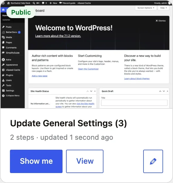 A guide card with its screenshot, Public badge, step count, and Show me, View and edit buttons