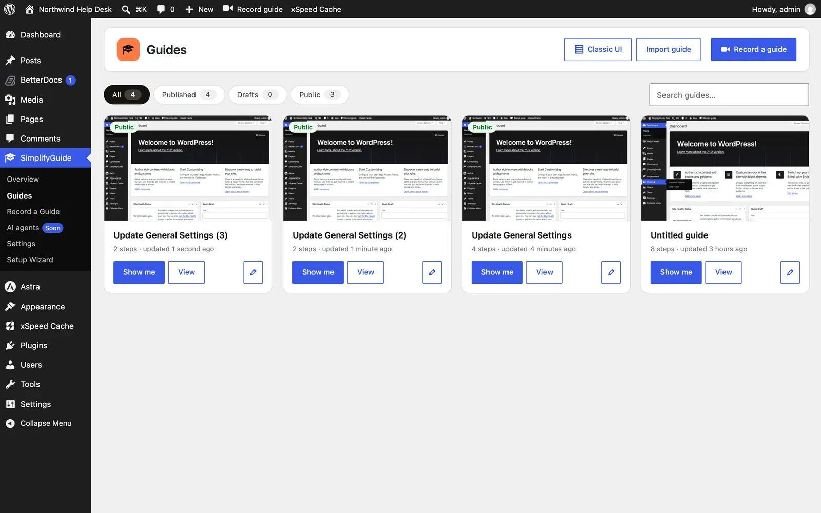 The Guides dashboard: filter chips and search above a grid of guide cards