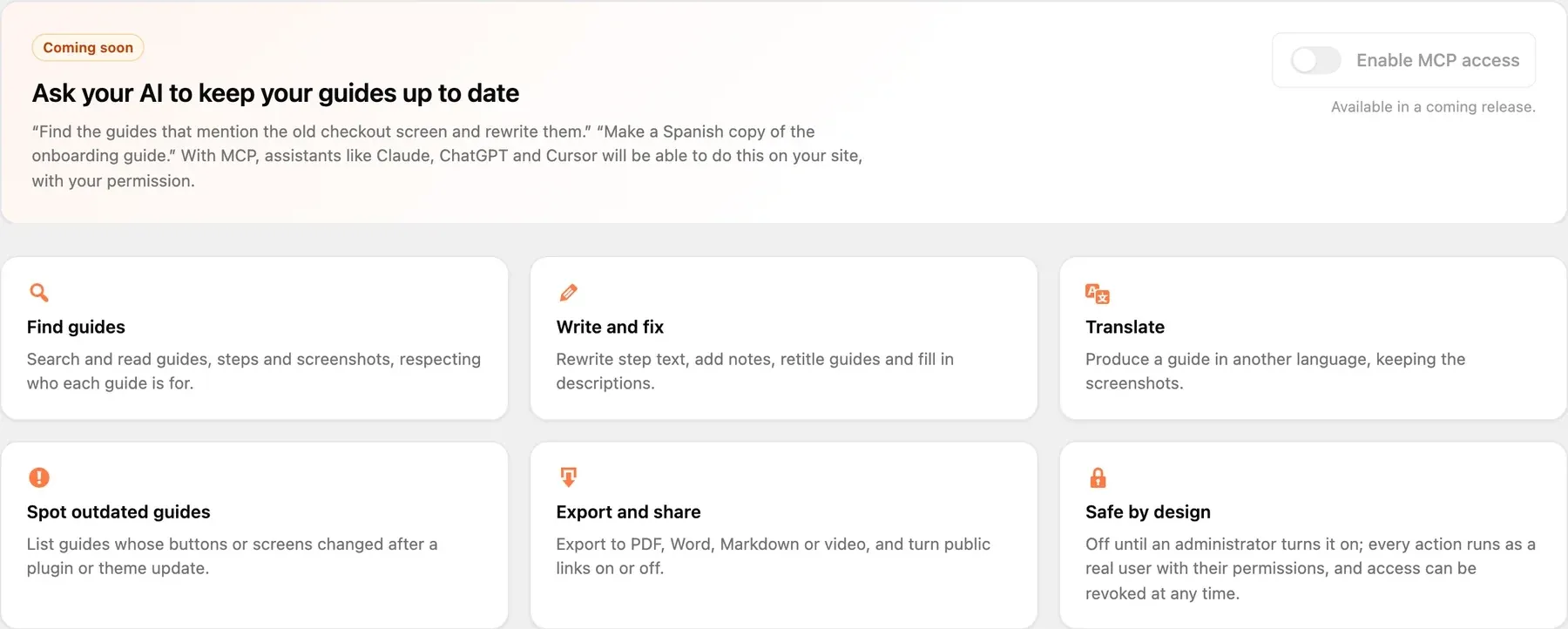 The AI agents screen in SimplifyGuide, marked Coming soon, listing what a connected assistant will be able to do.