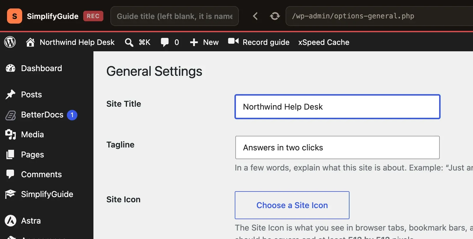 The SimplifyGuide recorder bar marked REC above WordPress General Settings, with “Northwind Help Desk” typed in Site Title.