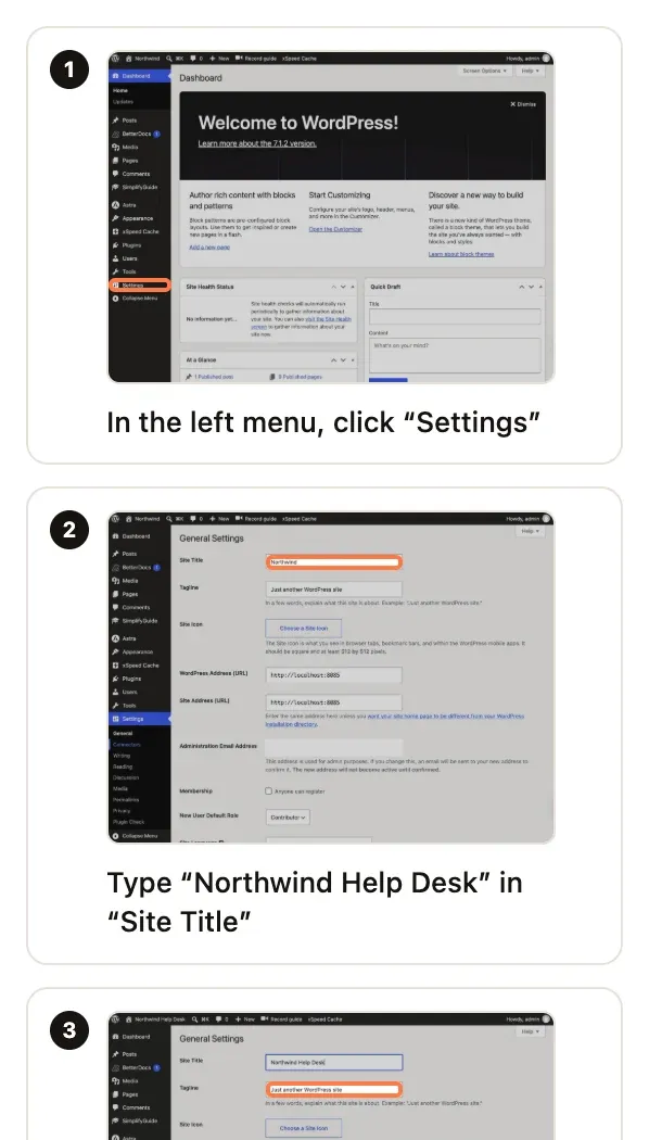 The steps panel with three captured steps, each with a thumbnail and an instruction such as “Type ‘Northwind Help Desk’ in ‘Site Title’”.