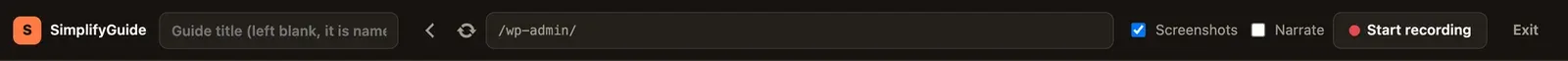 The recorder bar before recording, with the title field, address bar, Screenshots and Narrate checkboxes, Start recording and Exit
