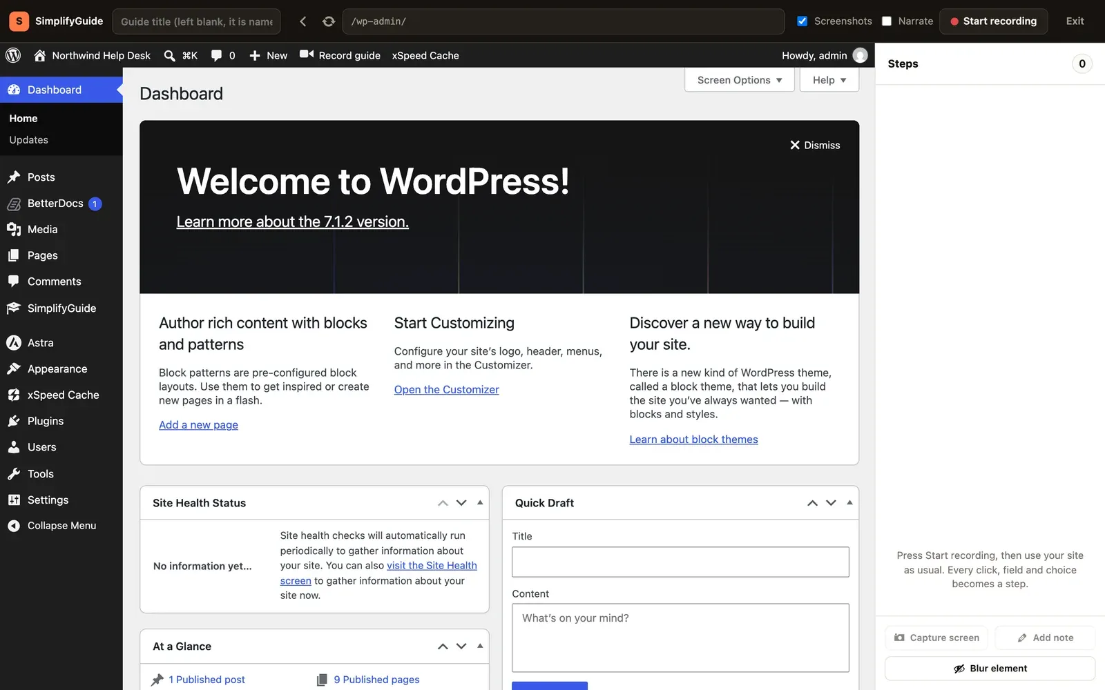 The recorder before recording: the bar with Start recording, the WordPress dashboard loaded in the middle and an empty Steps panel