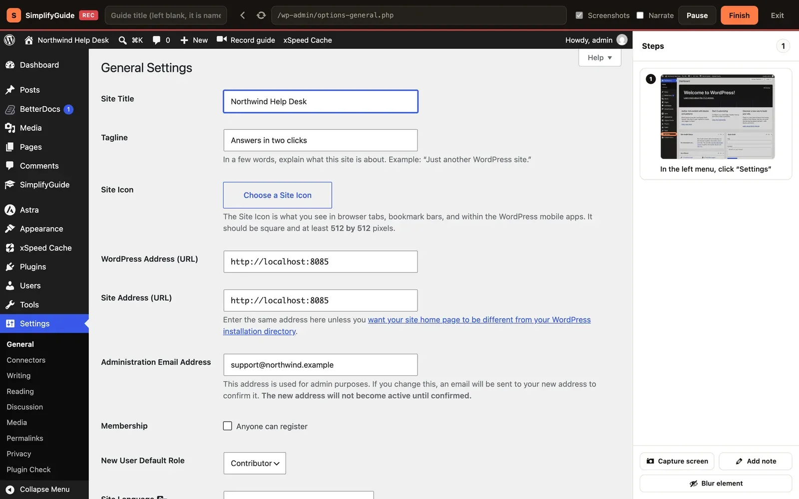 The recorder mid-recording on General Settings, with the Site Title and Tagline filled in and the first step in the Steps panel