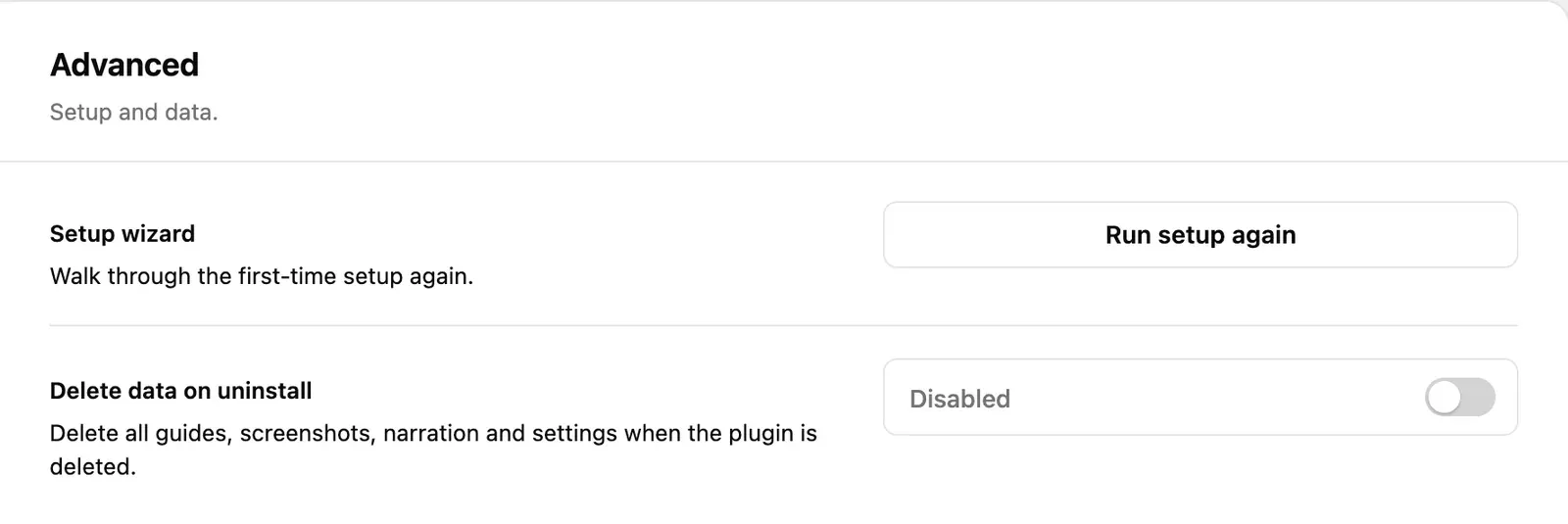 The Advanced tab: Run setup again and Delete data on uninstall