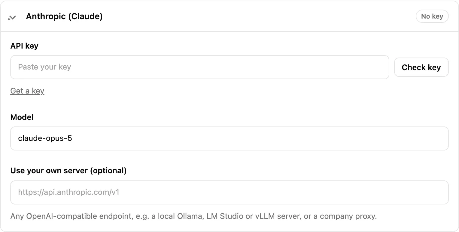 An expanded provider card: API key with Show and Check key, Get a key link, Model, and Use your own server