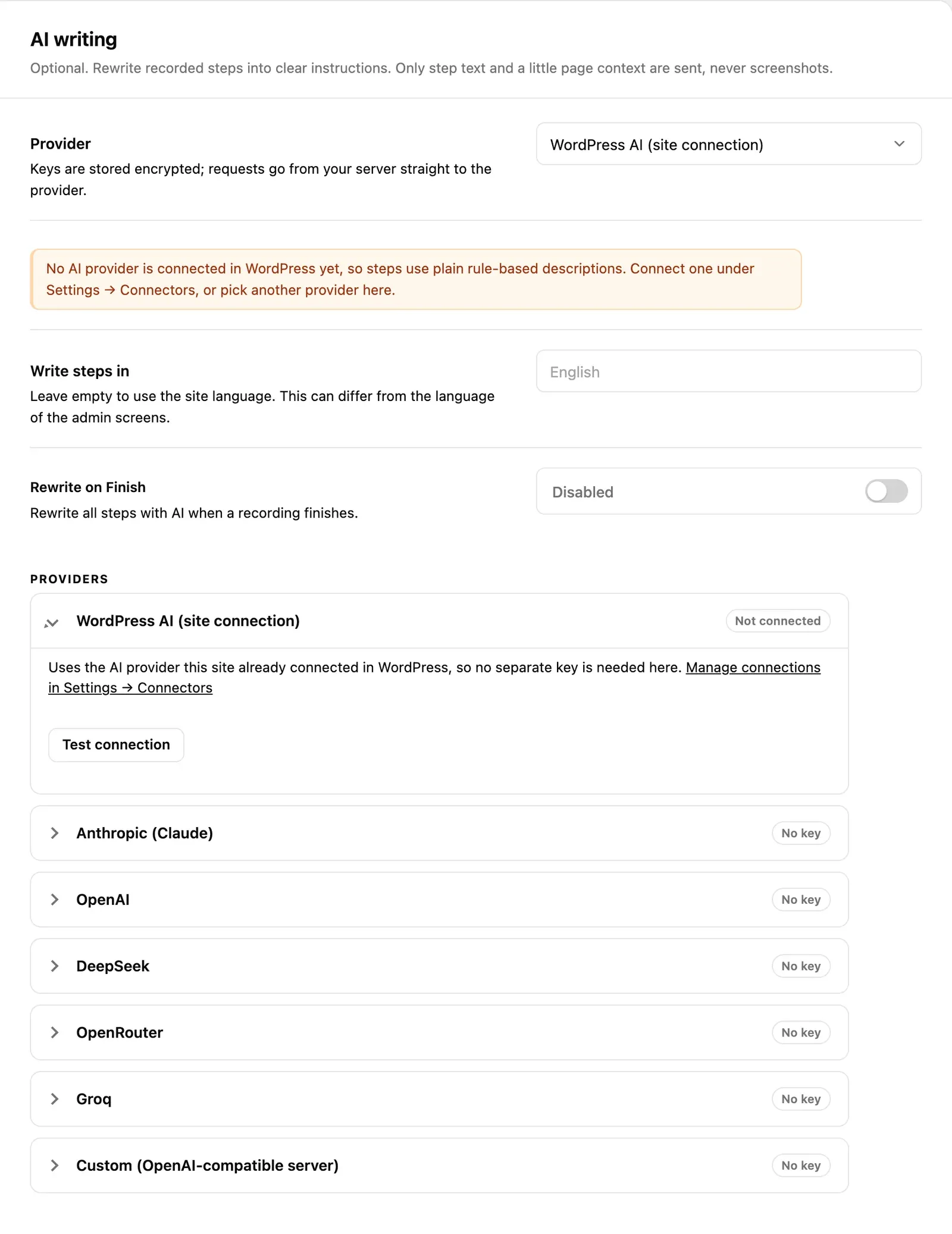 The AI writing tab: provider picker, ready status, language, Rewrite on Finish and the list of provider cards