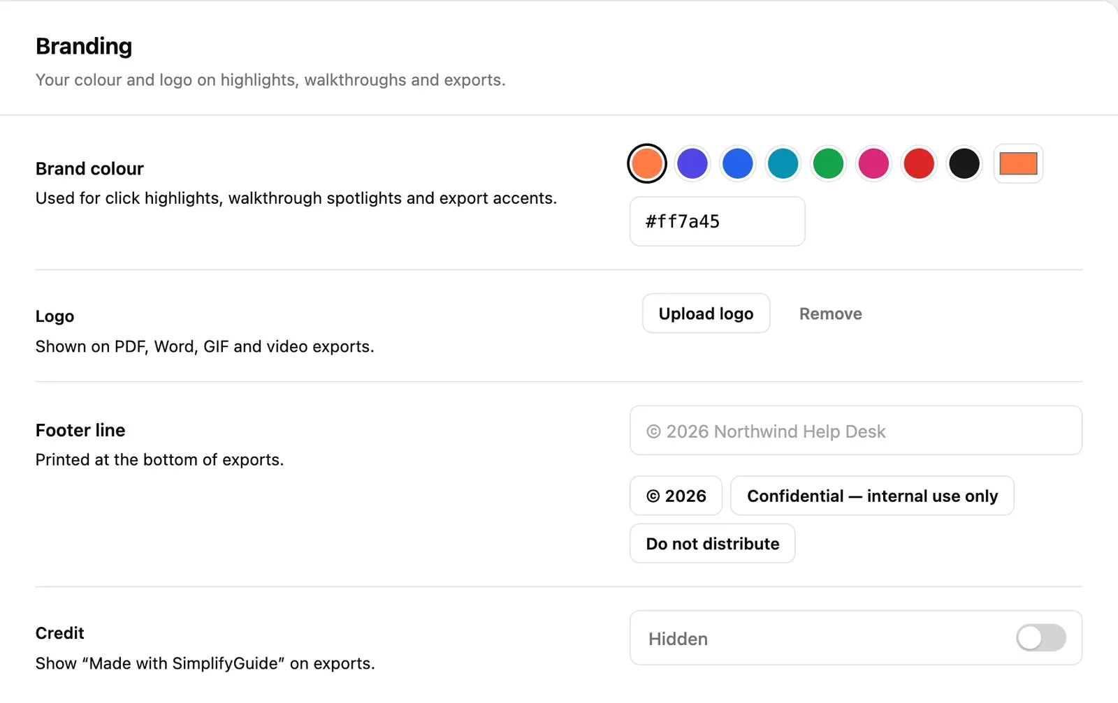 The Branding tab: brand colour swatches, logo upload, footer line with presets and the credit switch