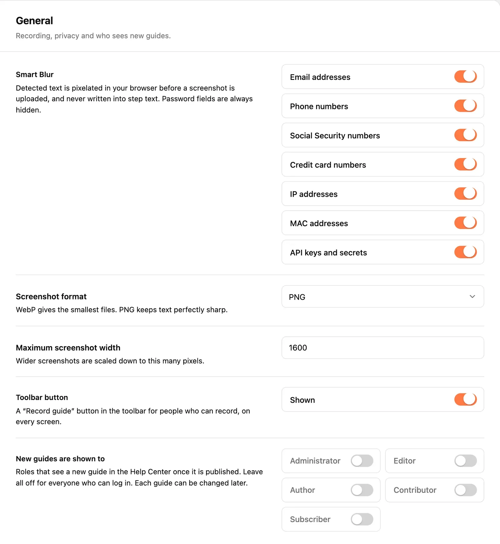 The General tab: Smart Blur category switches, screenshot format, maximum screenshot width, toolbar button and the roles new guides are shown to