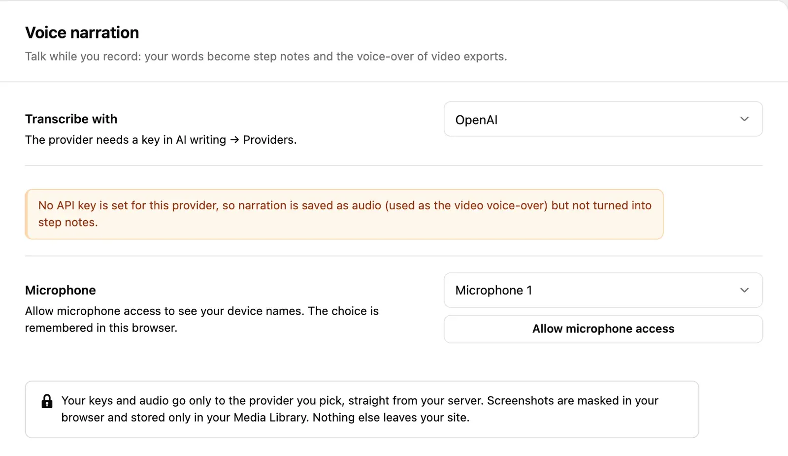 The Voice narration tab: Transcribe with, the ready status and the microphone picker