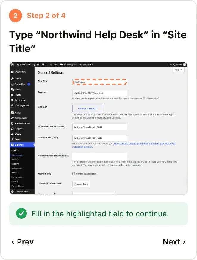 The Show me panel: step 2 of 4, a thumbnail of the recorded screen, and “Fill in the highlighted field to continue”.