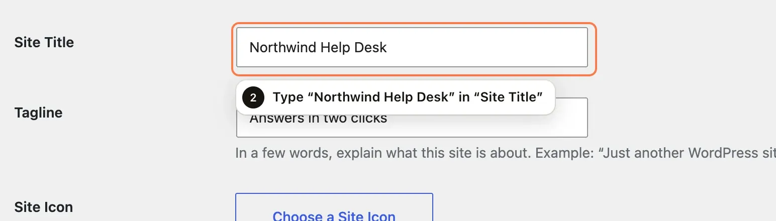 The Site Title field on WordPress General Settings, outlined, with a callout reading “Type ‘Northwind Help Desk’ in ‘Site Title’”.