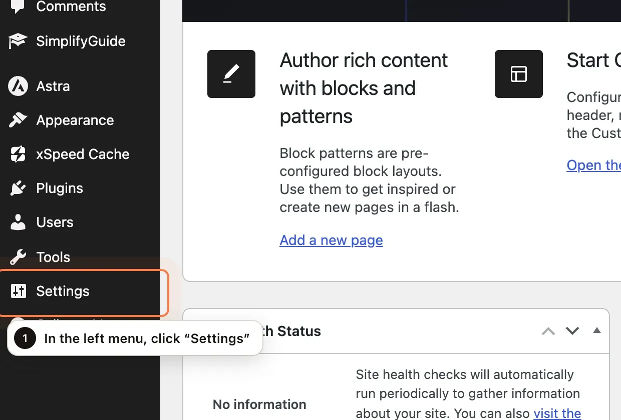 The WordPress admin menu with Settings outlined and a numbered callout: “In the left menu, click ‘Settings’”.