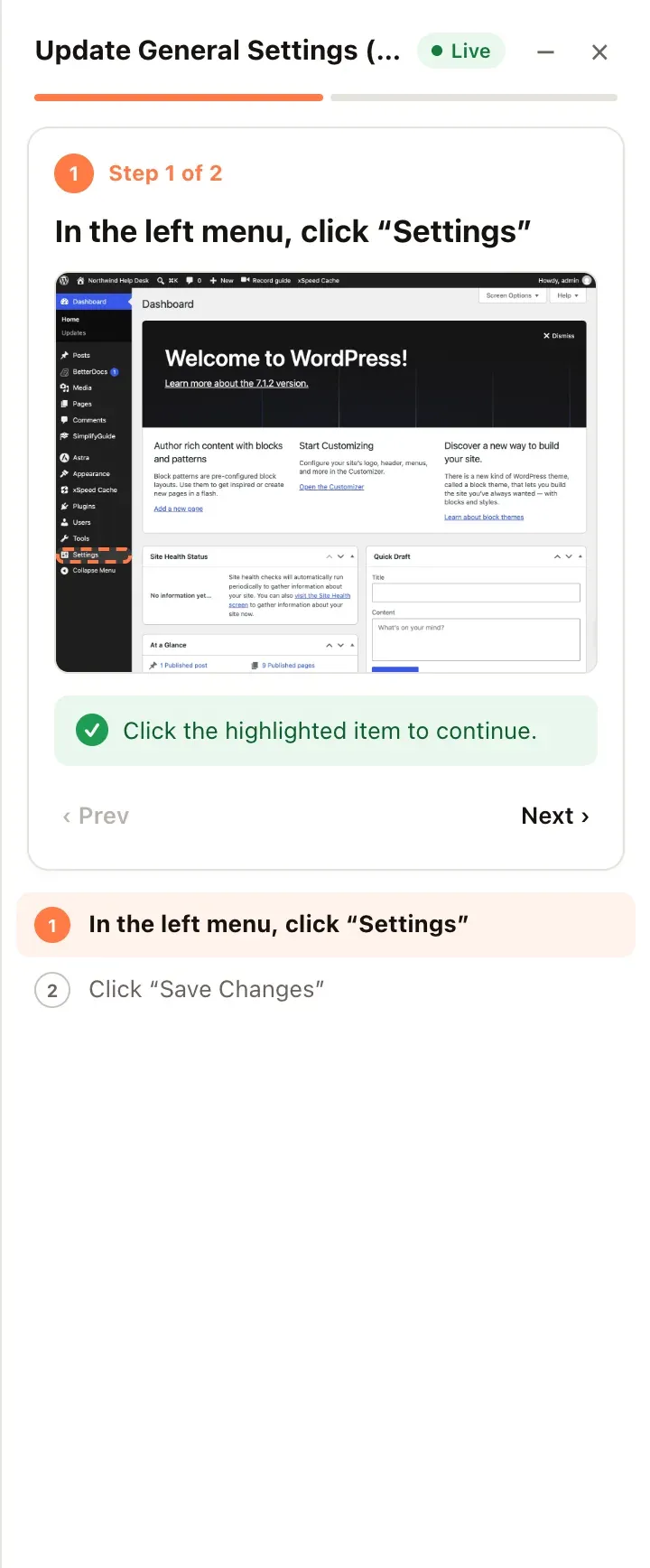 The Show me panel: guide title and status, progress bar, the current step with its screenshot, and the list of all steps