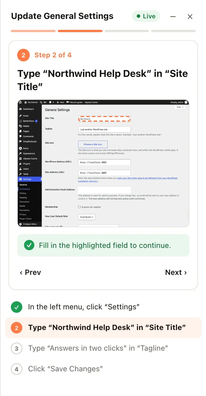 The Show me side panel listing the guide's four steps, with the current step's instruction and screenshot on top.