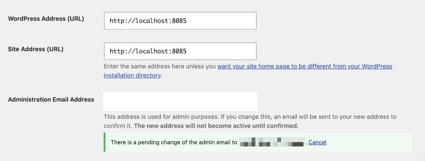 A saved step in which the administration email field and a pending email address are pixelated.