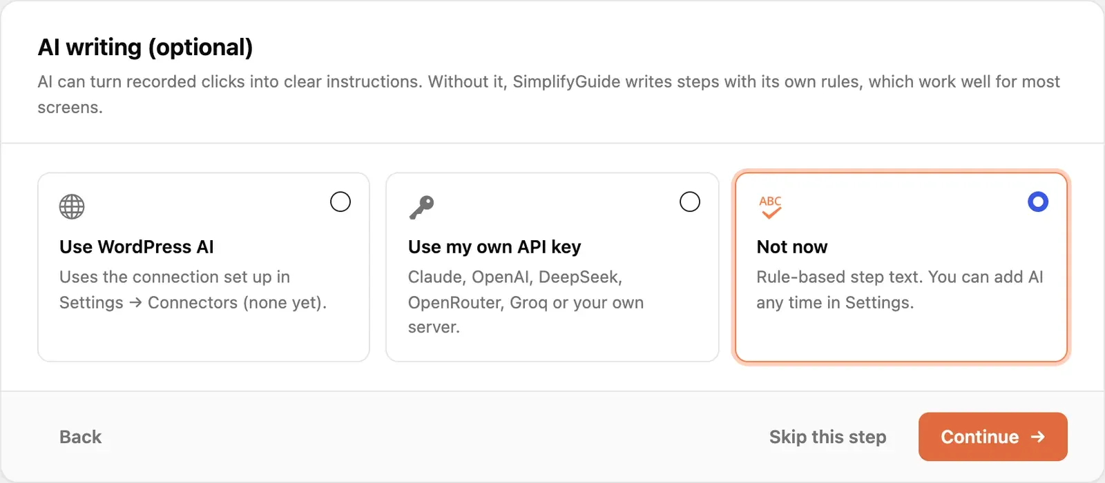 The AI writing step, offering Use WordPress AI, Use my own API key, or Not now