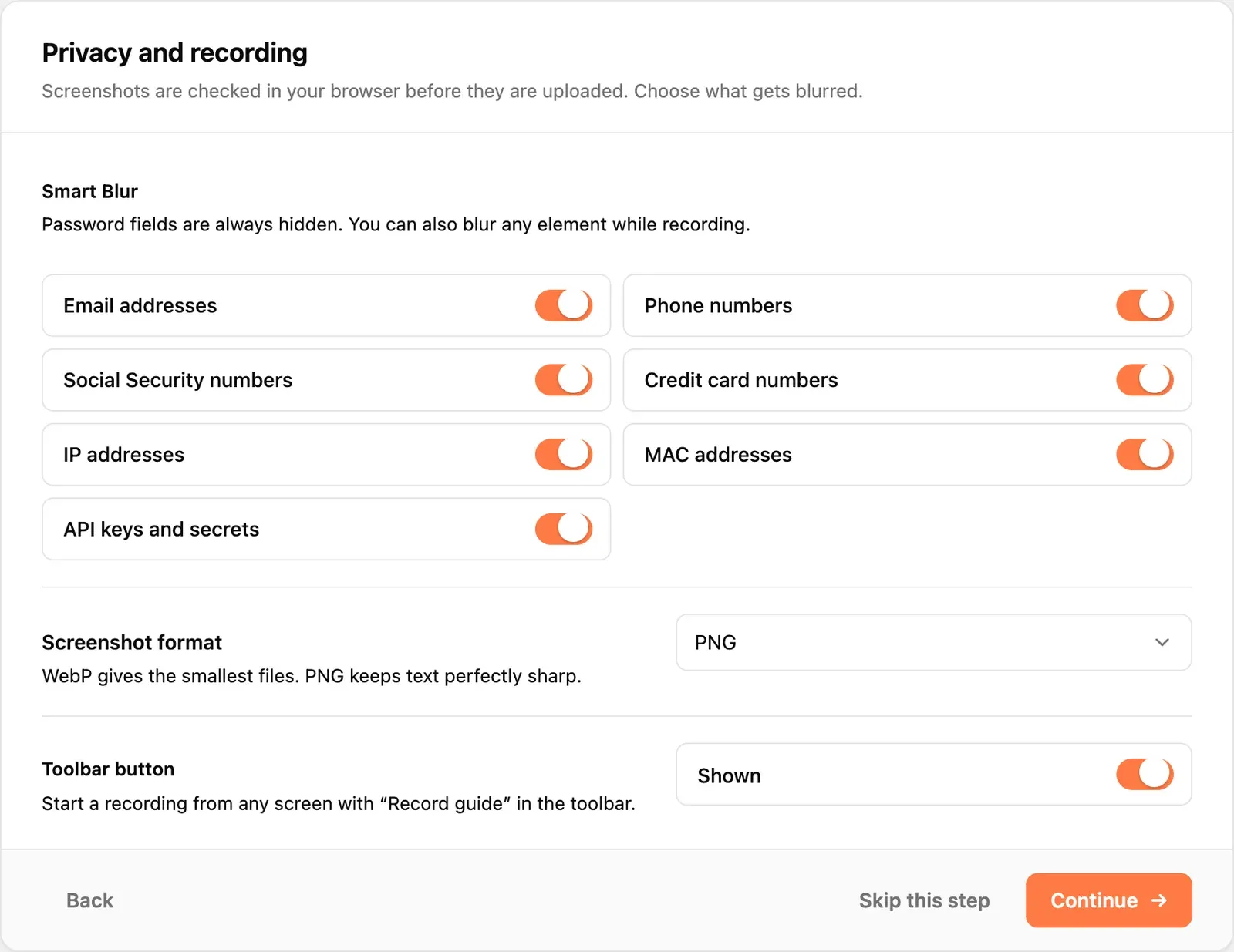The Privacy and recording step, with Smart Blur category switches, the Screenshot format menu and the Toolbar button switch