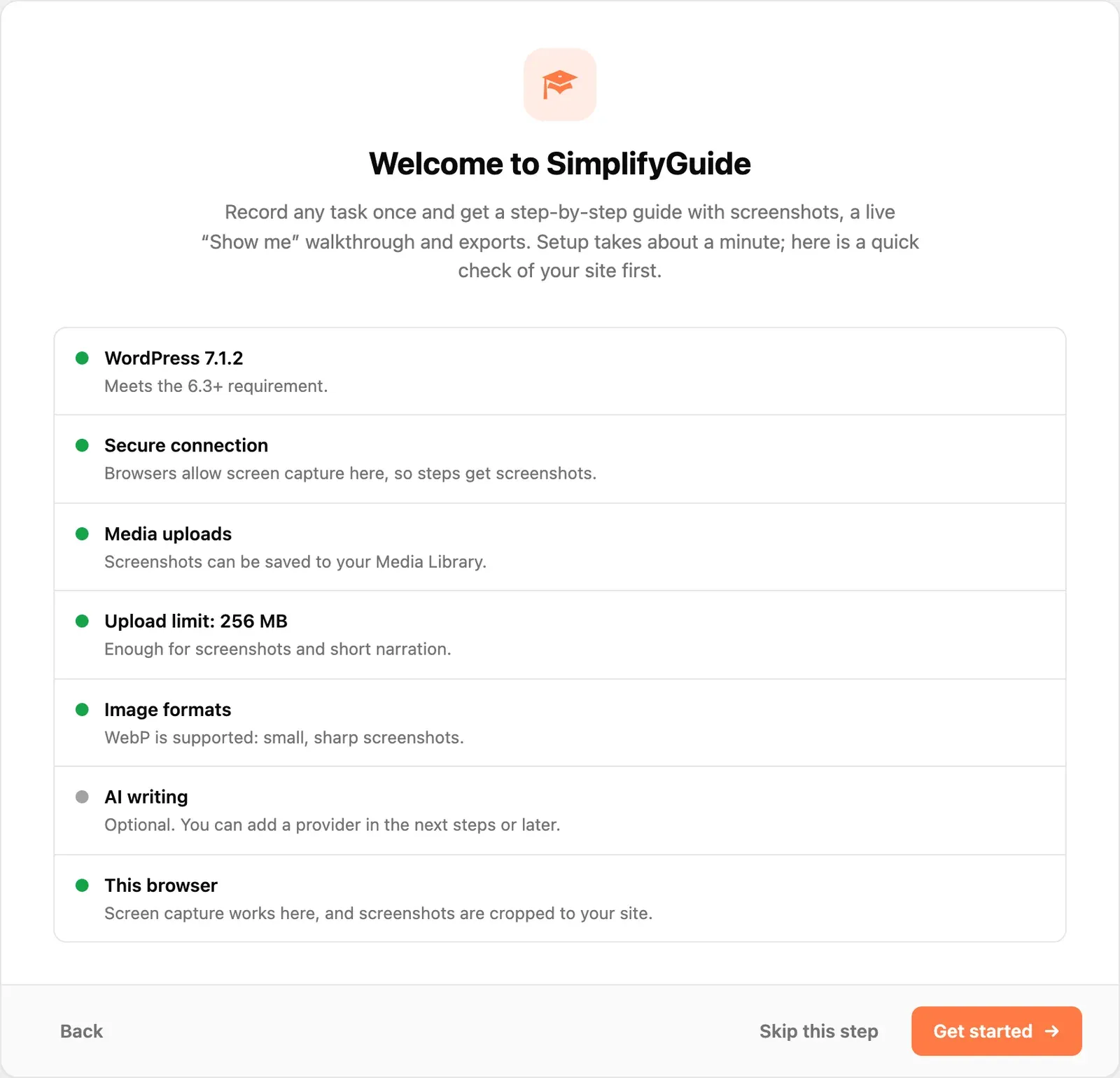The Welcome step of the setup wizard, listing environment checks with green and amber status dots